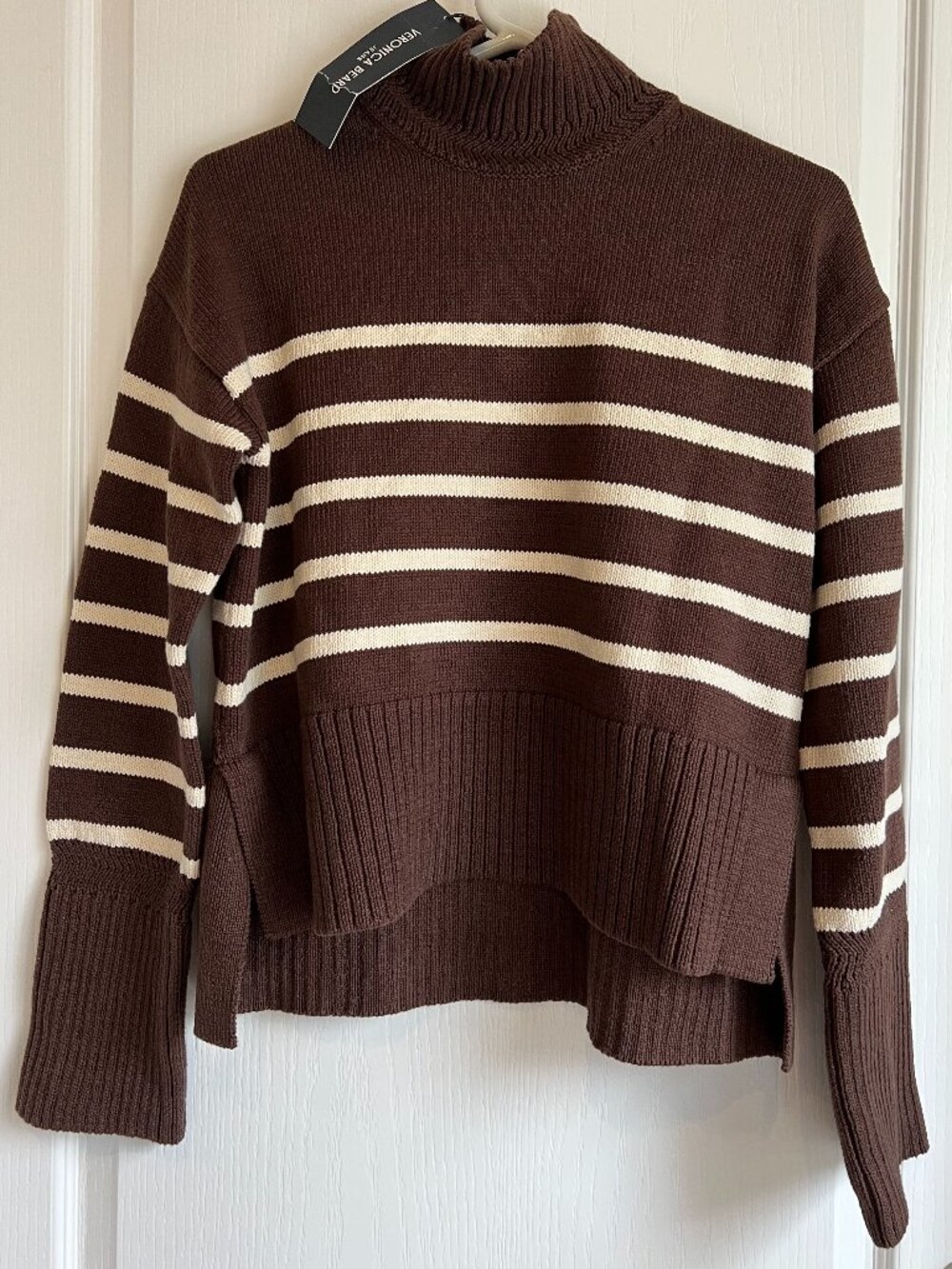 NWT VERONICA BEARD Lancetti Sweater Brown & Ivory Cotton Striped T-Neck Sz Small